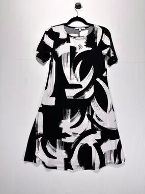 Sympli Midi Abstract Print A Line Dress Black White Minimalism Artsy Size 2